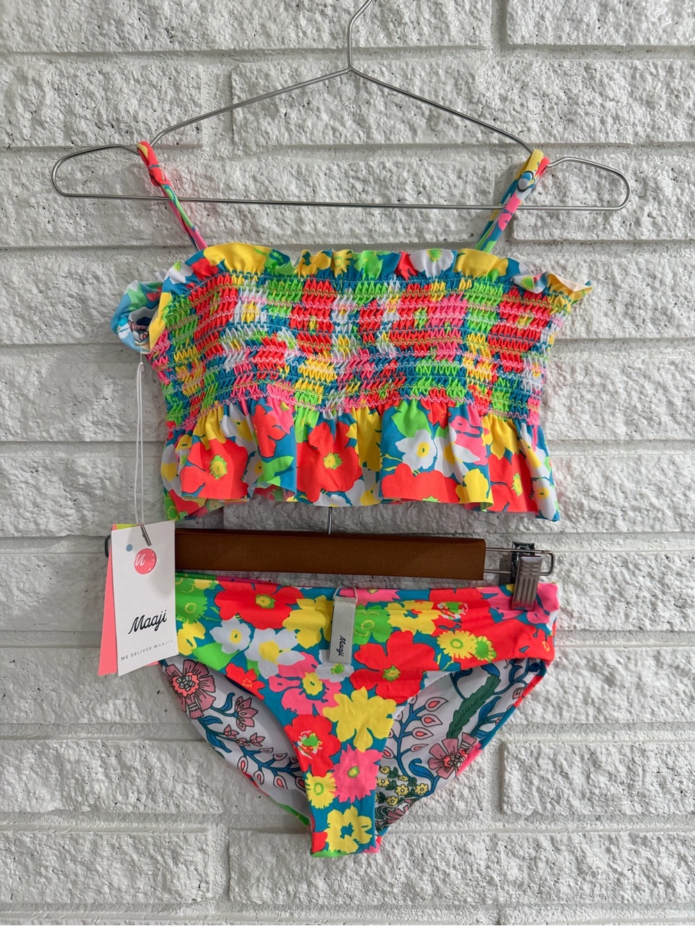 Maaji Neon Floral Fiesta Reversible Ruffle Bikini - Pink, Yellow, Green, Blue